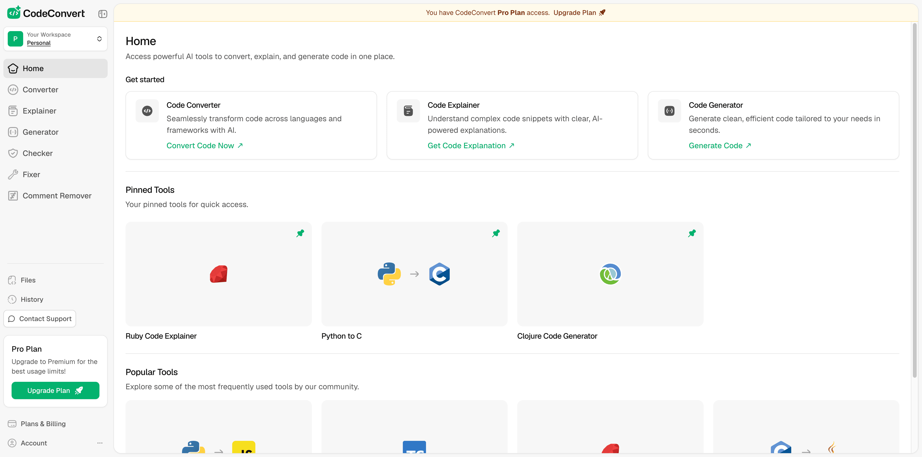 CodeConvert AI workspace home with tools, pinned converters, files, and history in one place